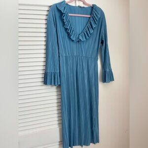 ASOS light blue long sleeve pleated maxi dress with ruffles